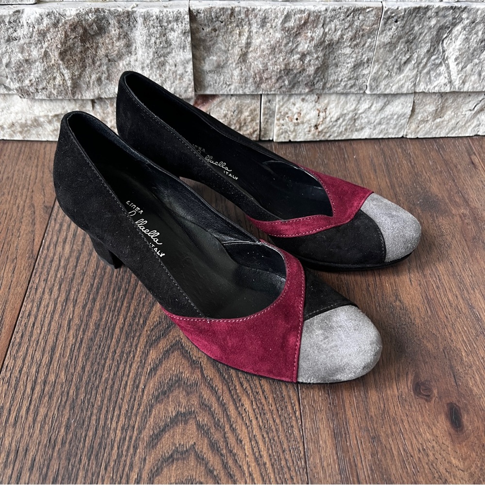 Women’s Italy made color block suede heels, black and burgundy , size 36.6, US 6